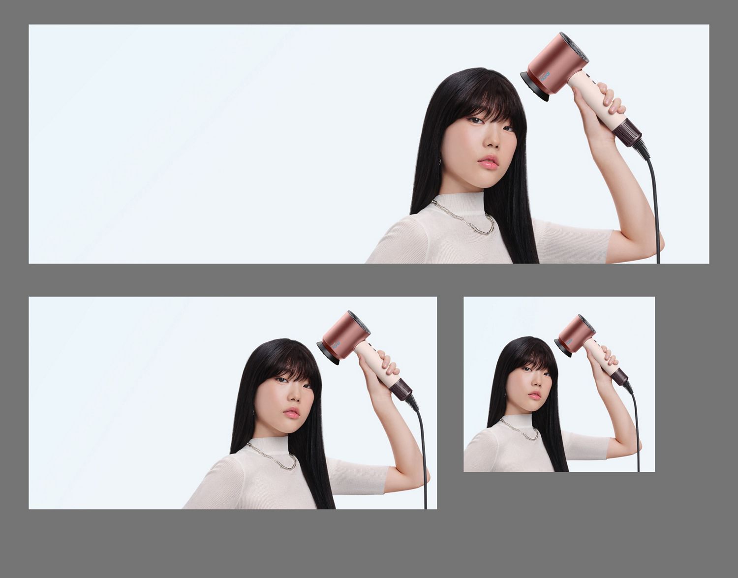 Model dries her hair using the Dyson Supersonic Nural hair dryer and Gentle air attachment.