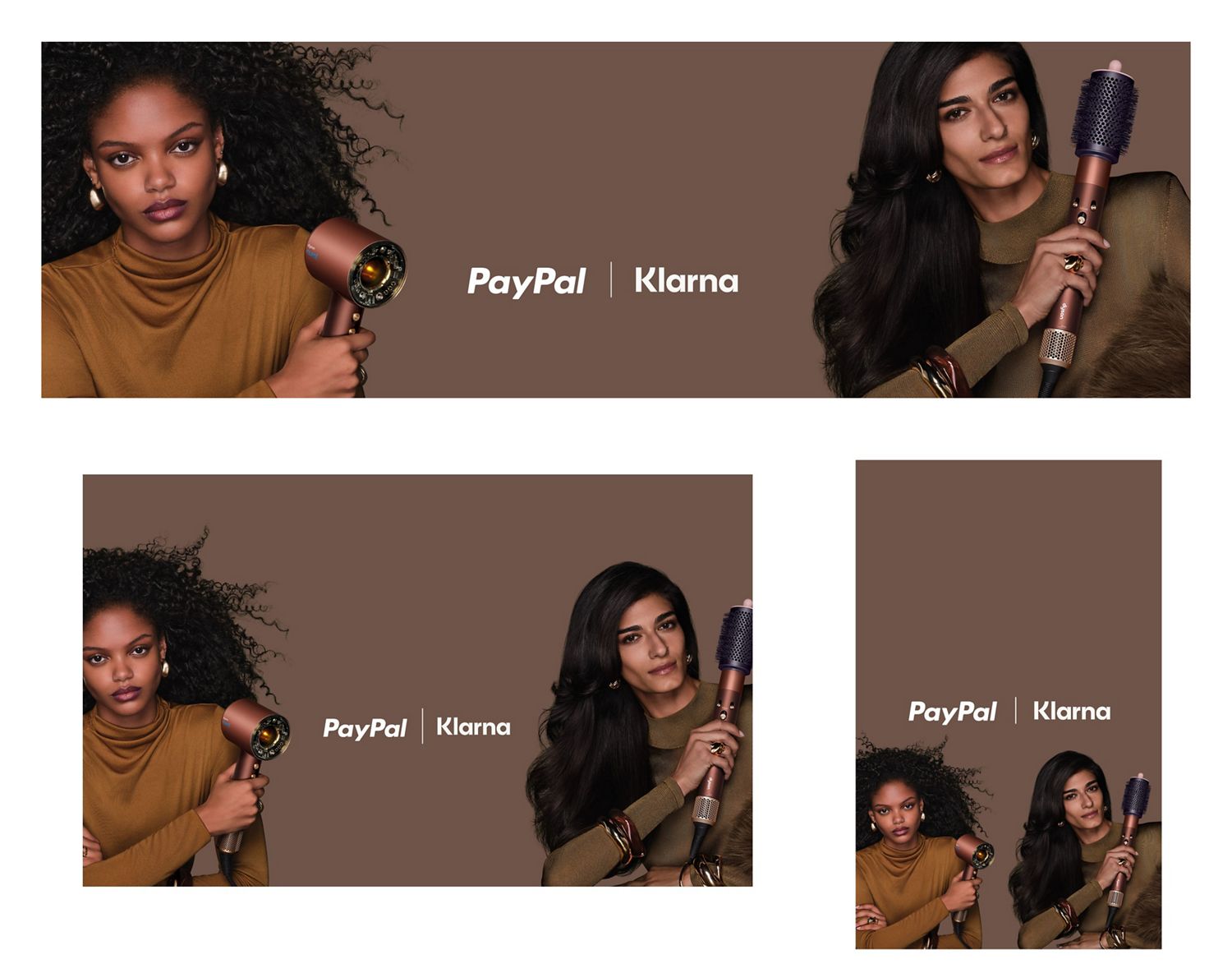 Pair of models hold Dyson Beauty devices while showing off their styled hair.