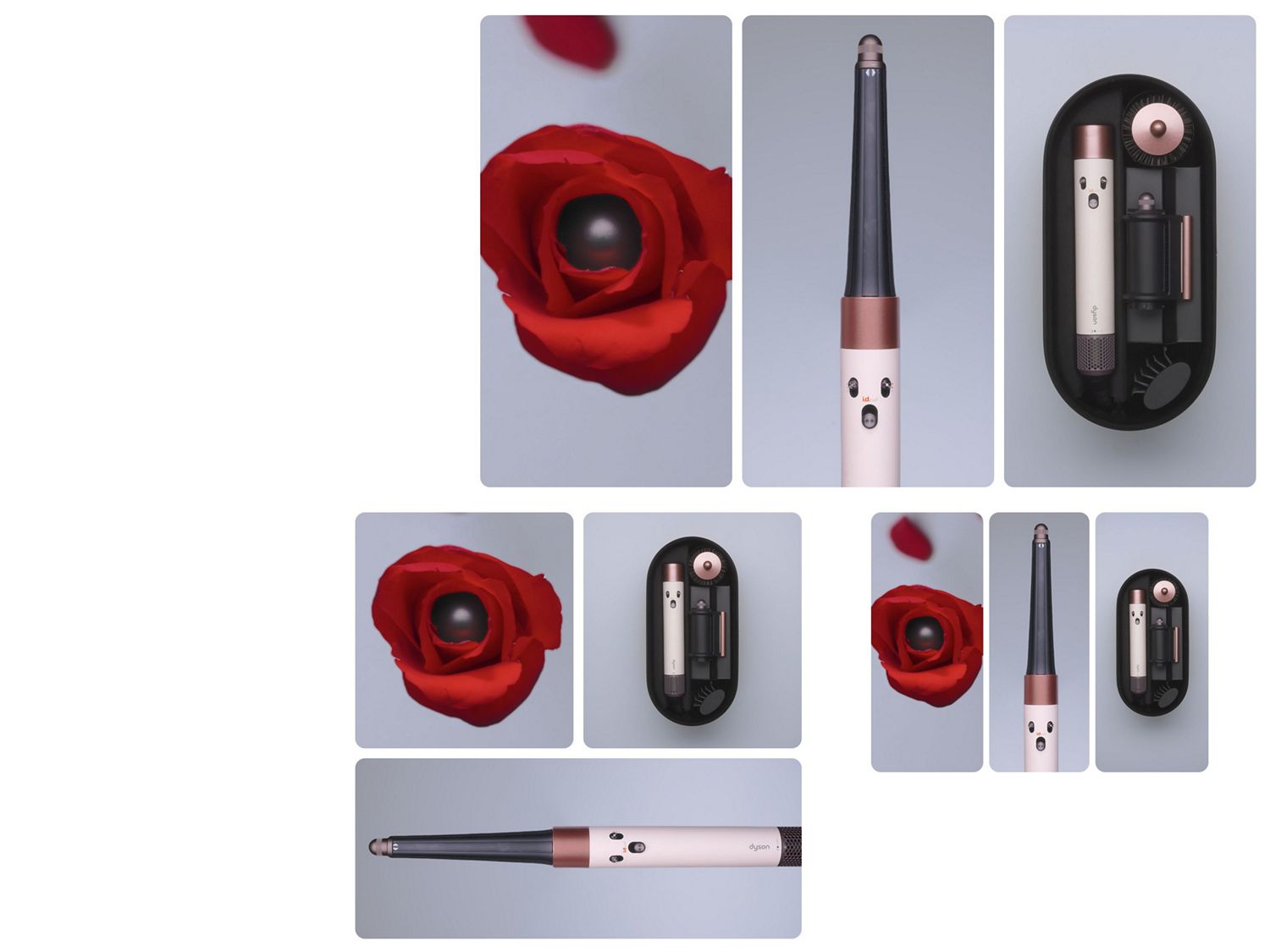 A blooming rose next to the Dyson Airwrap i.d. multi-styler and dryer in Ceramic pink and rose gold, and storage case.