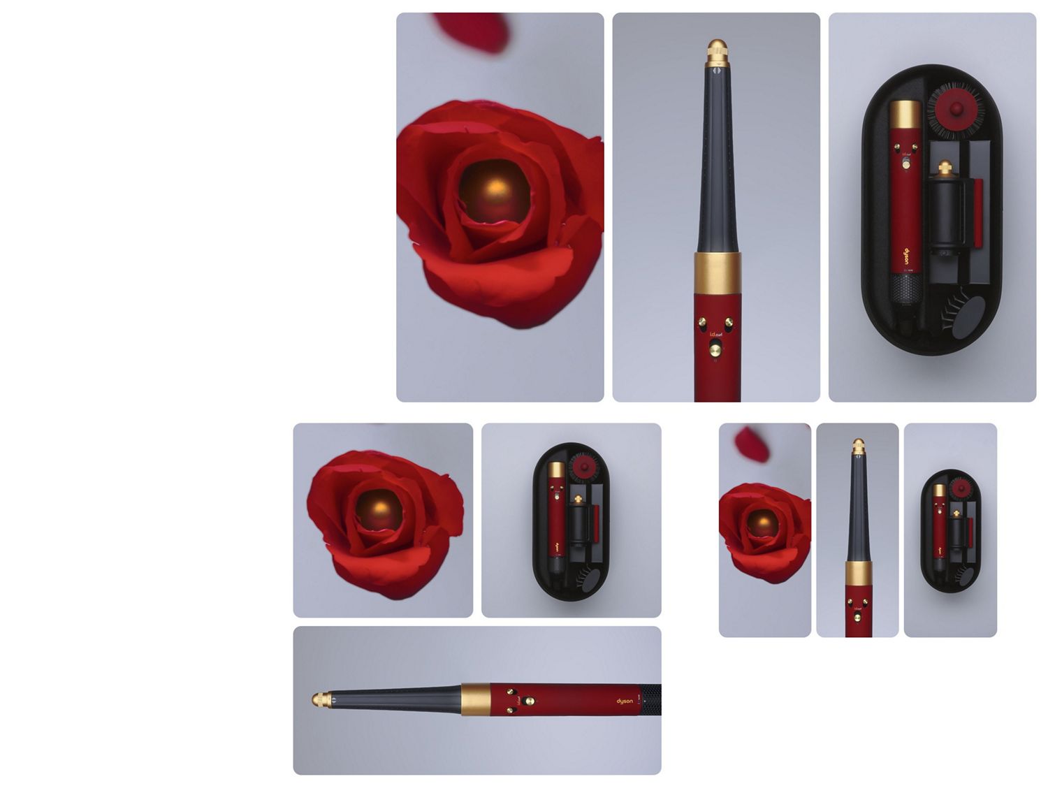 A blooming rose next to the Dyson Airwrap i.d. multi-styler and dryer in Red velvet and gold, and storage case.