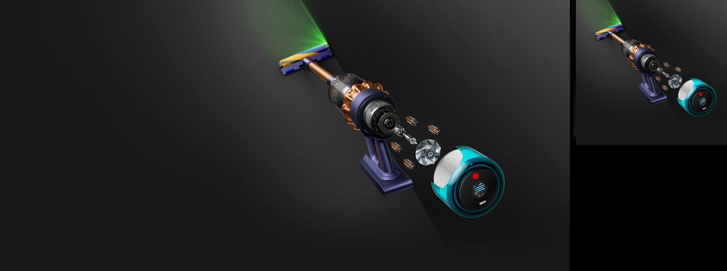 Overhead view of Dyson Gen5detect, highlighting the LCD screen and the illuminated cleaner head.