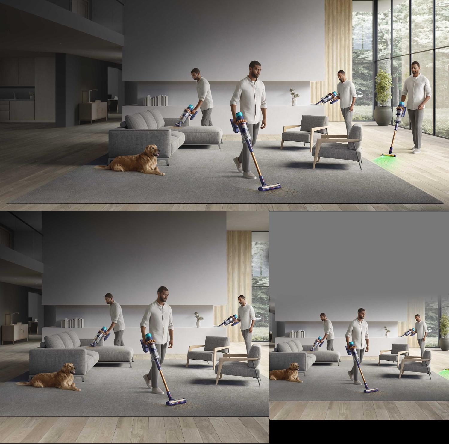 Dyson Gen5outsize, cleaning with different cleaner heads and tools all around a living room.