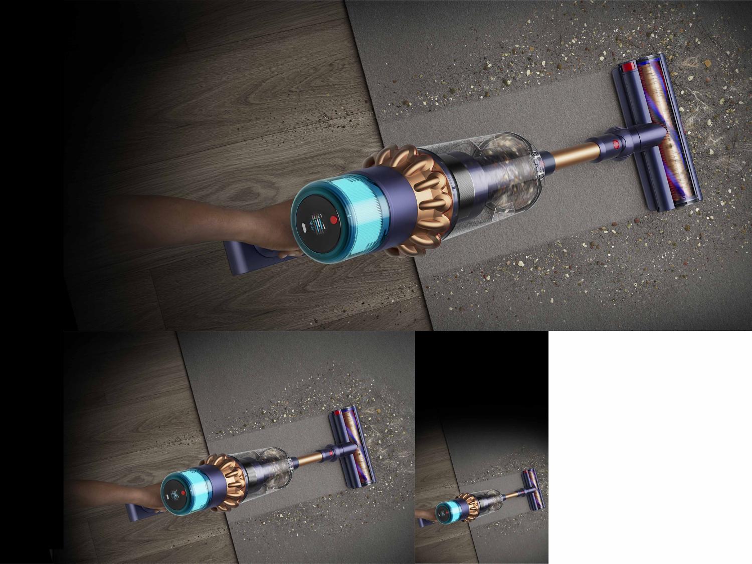 Dyson Gen5outsize shown from above, transferring from a hard floor to a carpet.