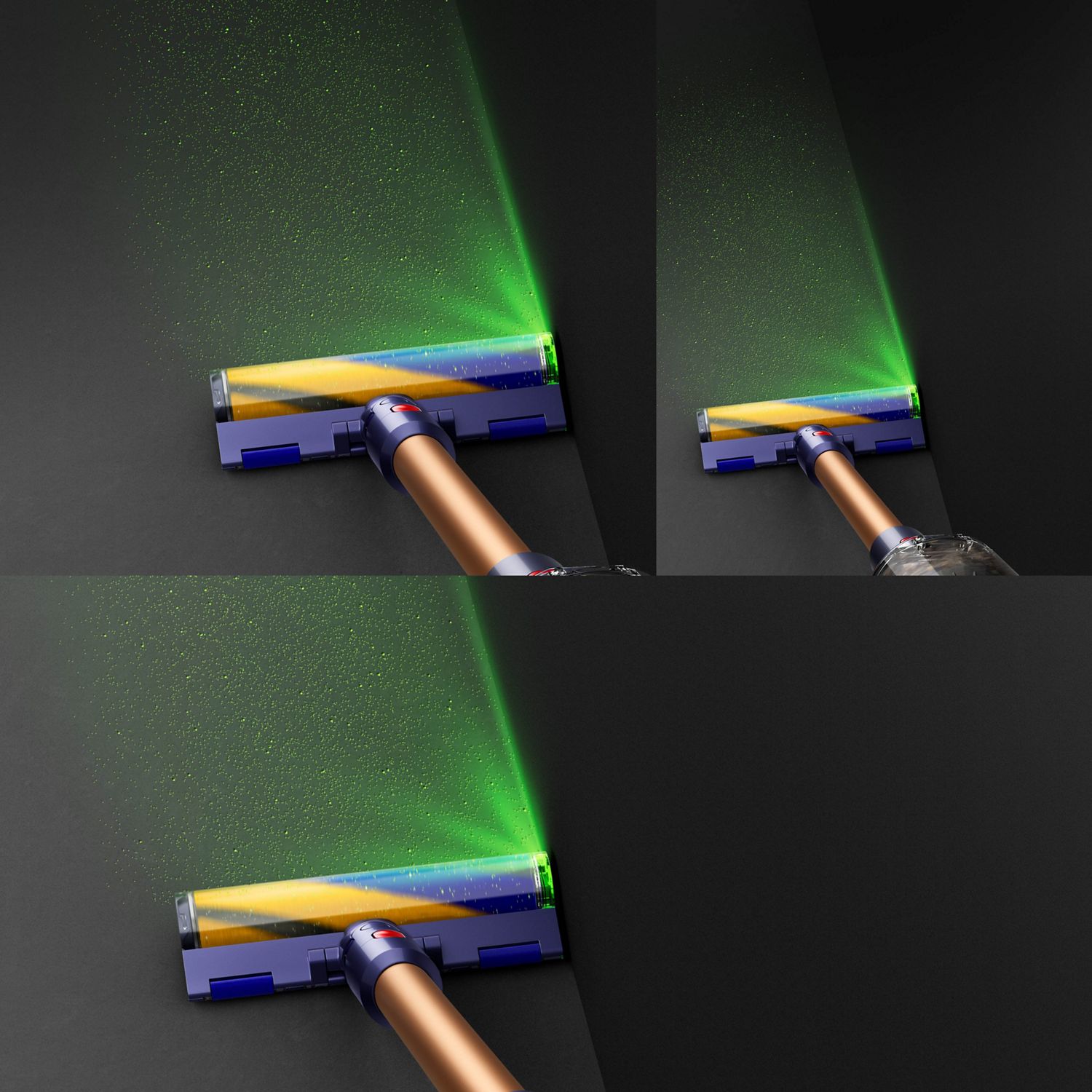 Aerial view of vacuum on hard floor with blade of light revealing hidden dust.