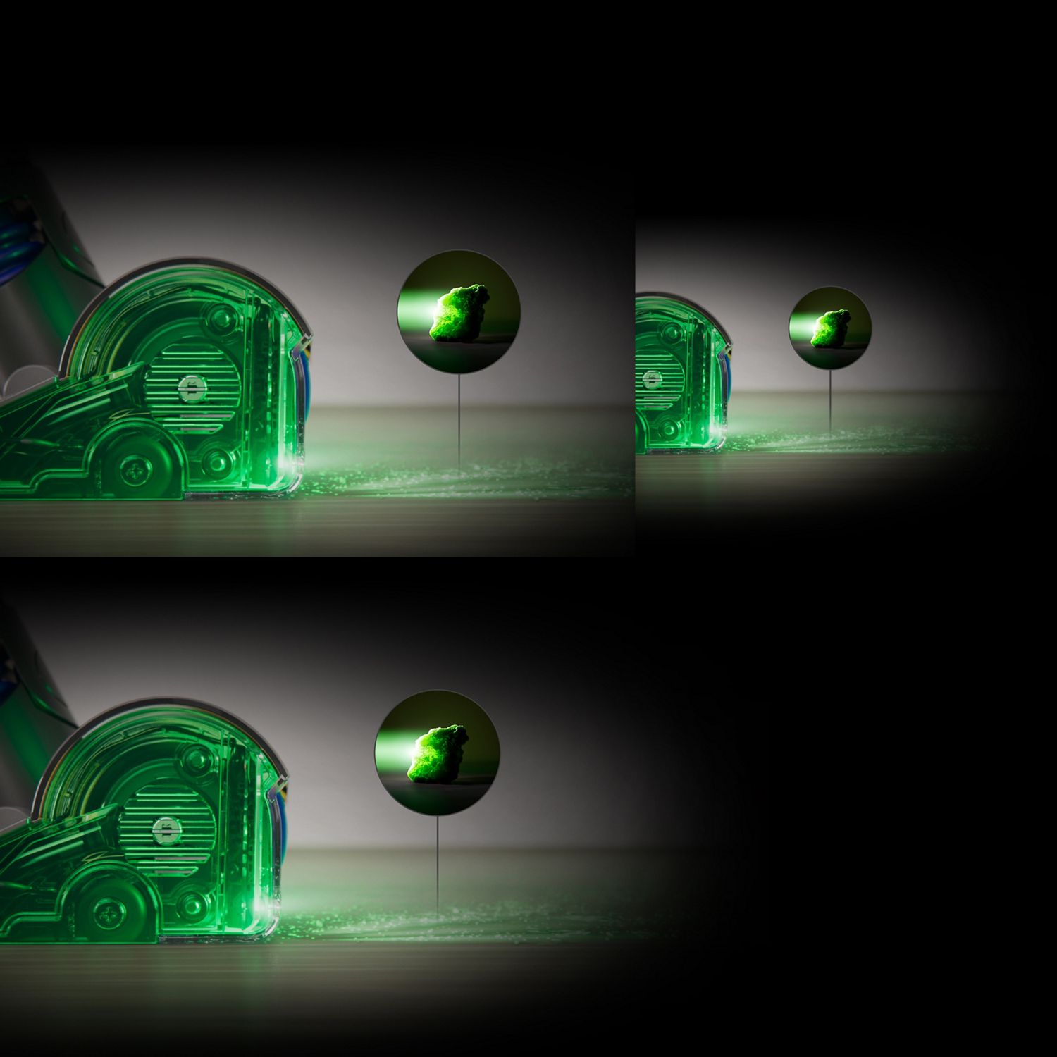 Side view of vacuum with fluorescent green light going through the cleaner head and out onto the floor.