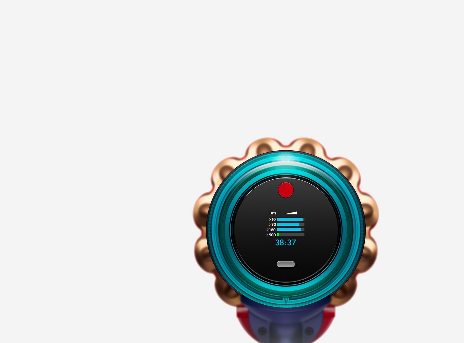 Aerial view of vacuum on hard floor with blade of light revealing hidden dust.