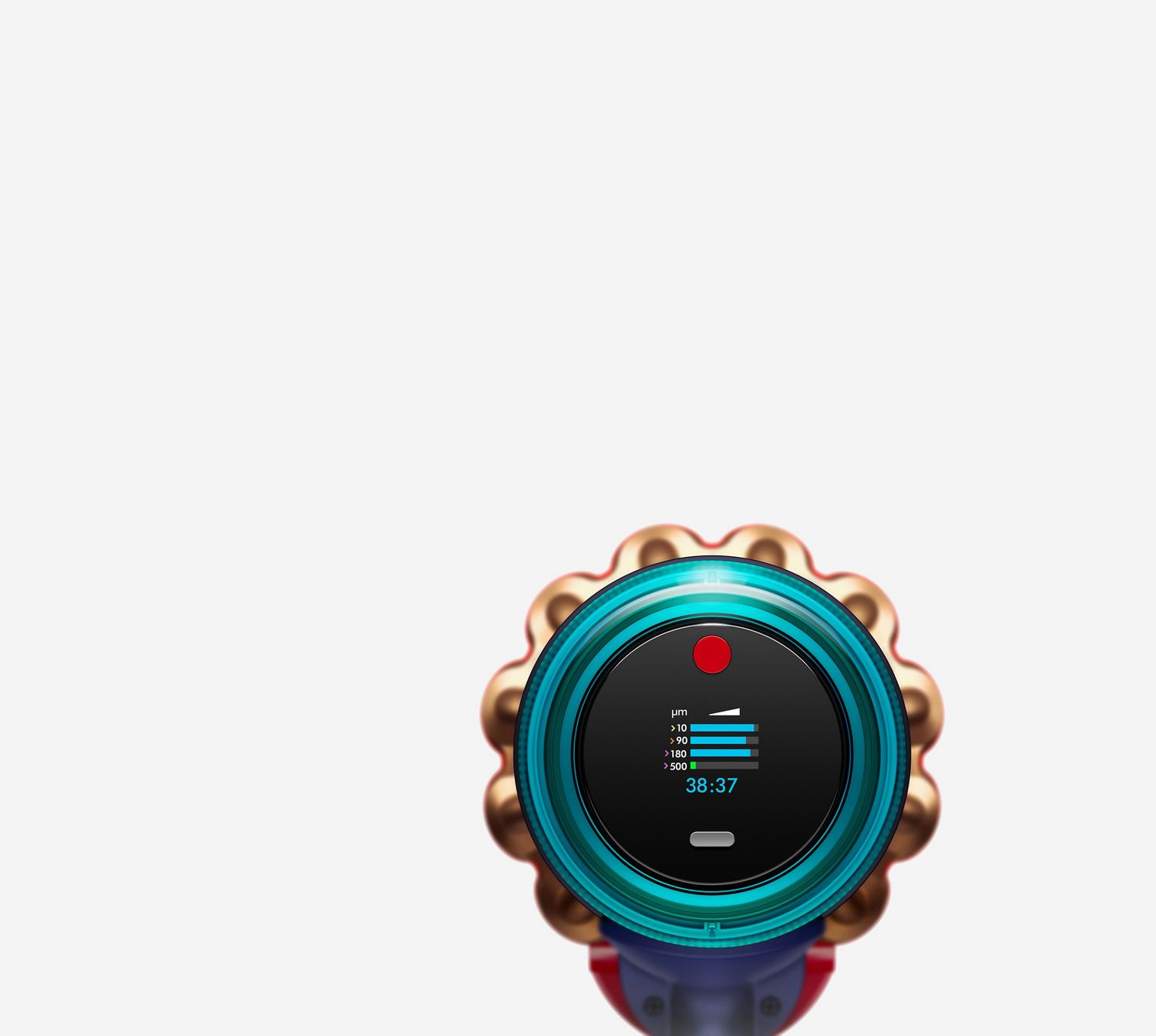 Vue aérienne d'un aspirateur sur un sol dur avec une lame de lumière révélant la poussière cachée.