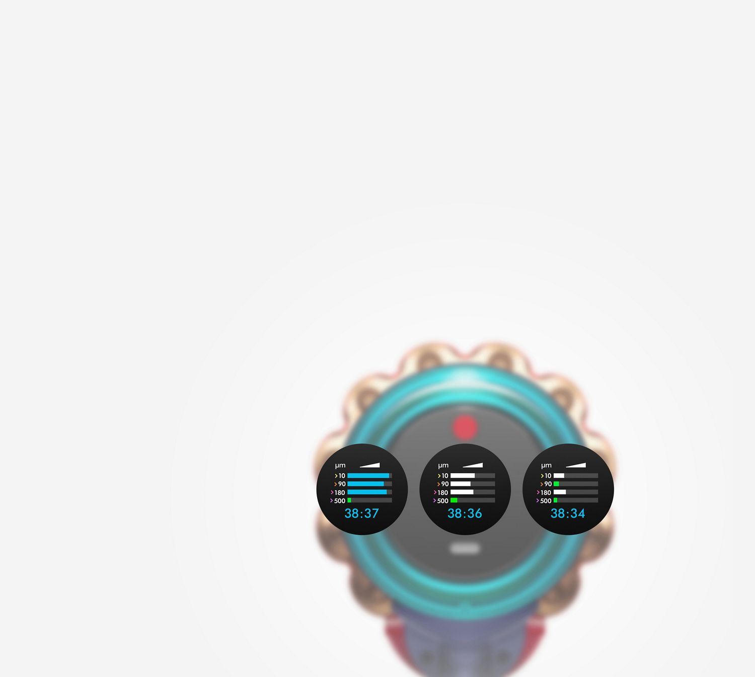 Vue latérale d'un aspirateur avec une lumière verte fluorescente traversant la tête du nettoyeur et se répandant sur le sol.