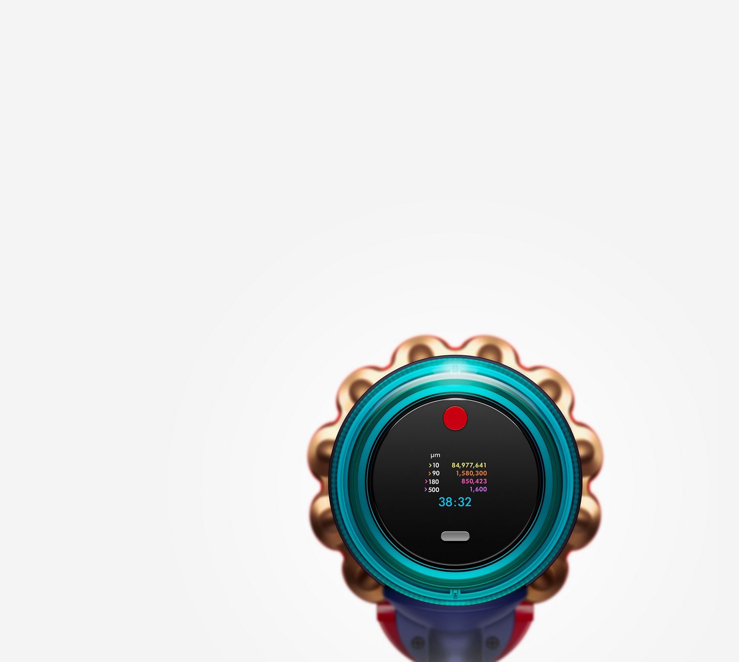 'Gros plan de l’écran DEL indiquant la taille et la quantité des particules aspirées pendant le nettoyage.