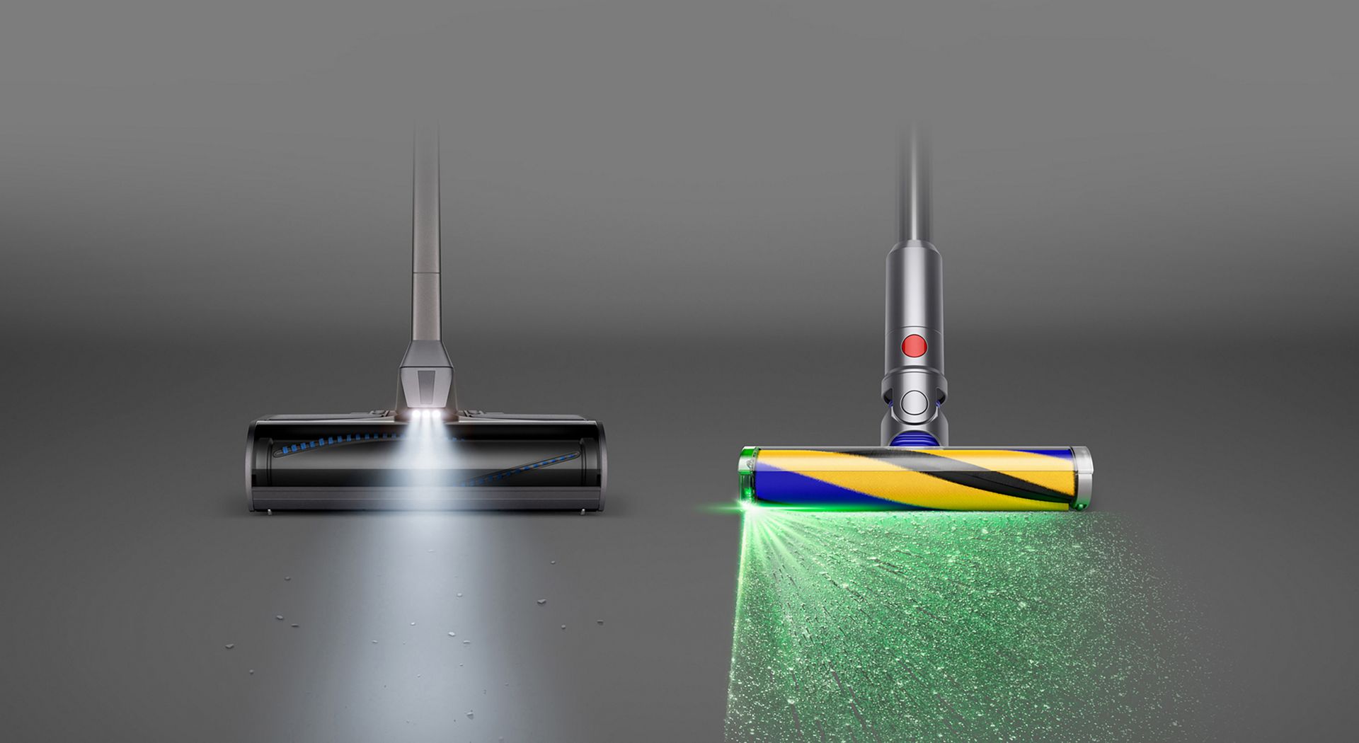 光が暗くゴミを照らさない掃除機と、通過の際に効果的な光でゴミを照らすDyson Fluffyクリーナーヘッドとの比較図