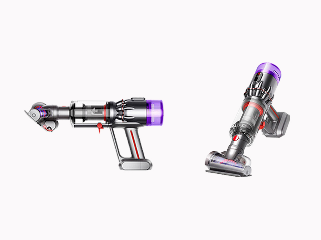Dyson Micro Focus Clean vacuum cleaner in Nickel/Iron in side profile and cleaning profile