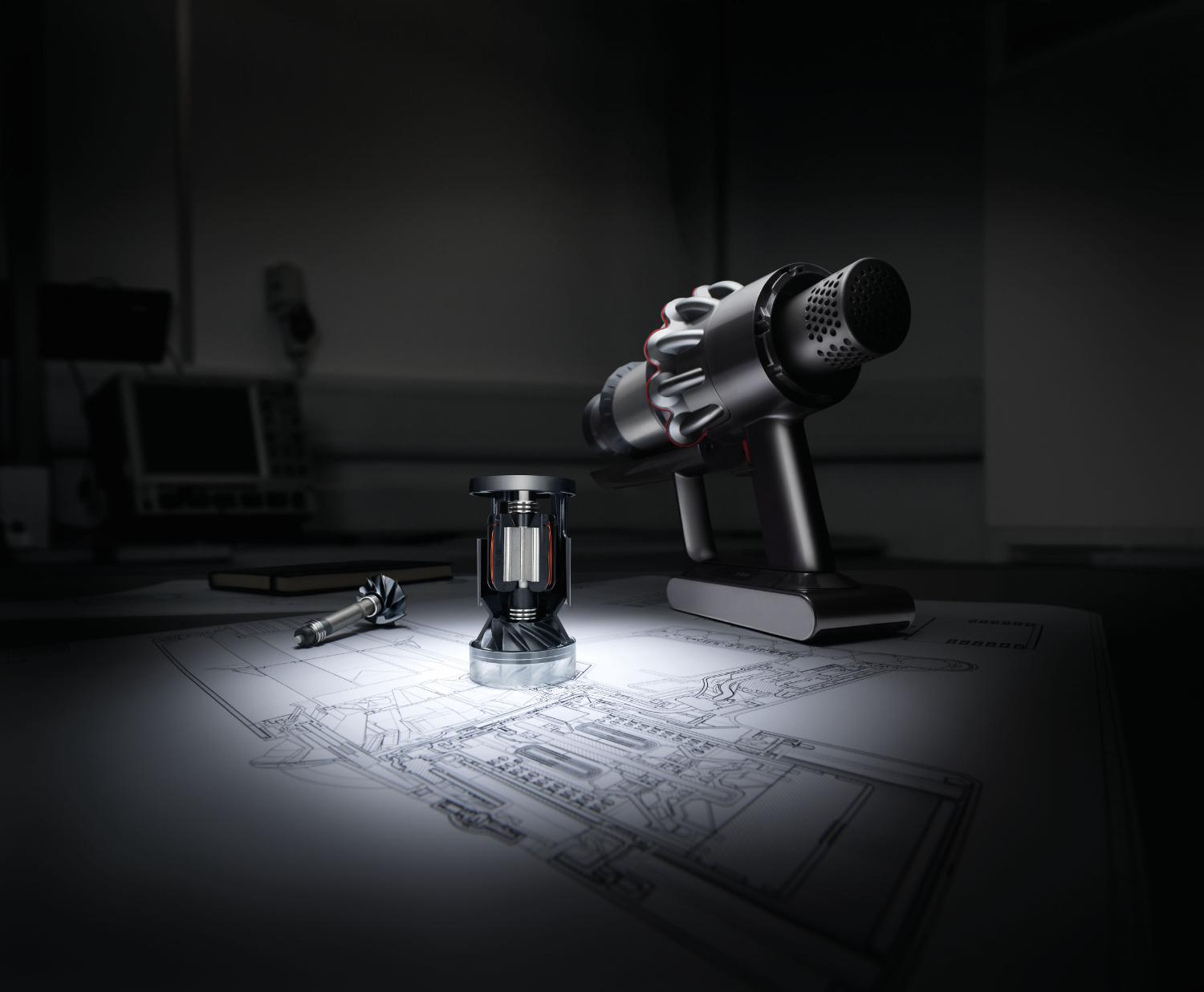 Dyson Cyclone V10™ vacuum cleaner on engineering diagram