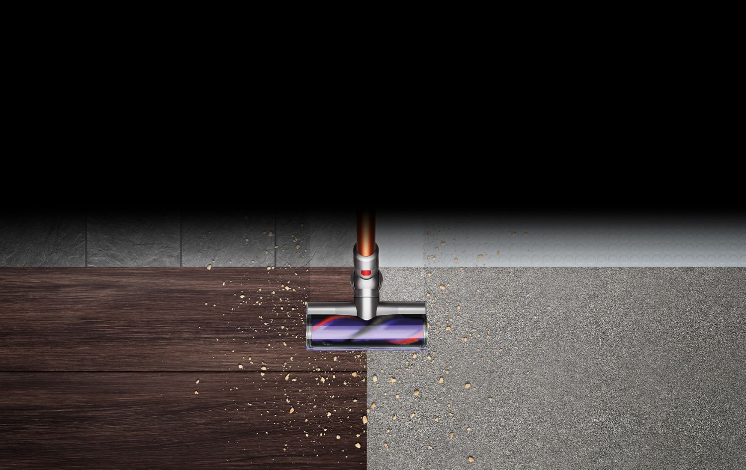 Die Torque-Drive-Bodendüse des Dyson Cyclone V10 saugt Schmutz auf verschiedenen Bodenarten auf. Die Torque-Drive-Bodendüse des Dyson Cyclone V10 saugt Schmutz auf verschiedenen Bodenarten auf.