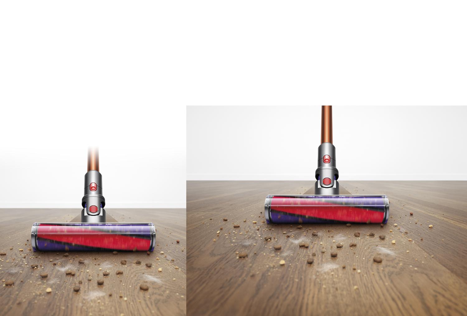 Close up of Soft roller cleaner head cleaning pet hair on hard floor.
