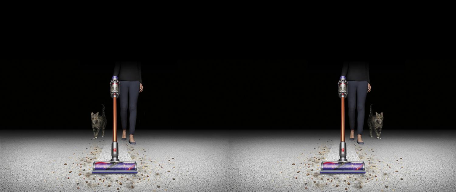 Dyson Outsize vacuum cleans dog hair and dirt from carpet