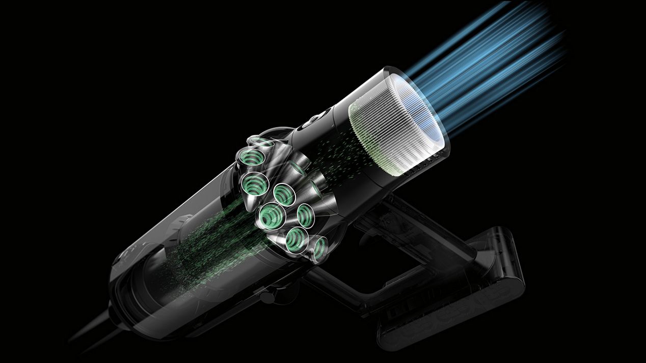 dyson-cyclone-v10-whole-system-filtration Primo piano del sistema di filtrazione Dyson Cyclone