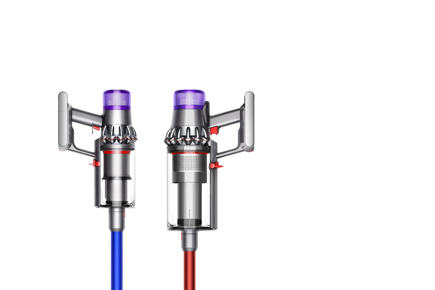 Aspirateur Dyson Outsize avec un collecteur 150% plus grand à côté du collecteur d’un aspirateur Dyson V11 Absolute.
