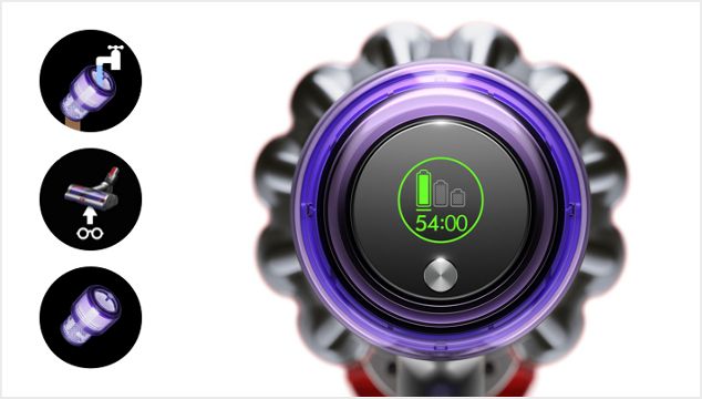 Dyson V11 Outsize vacuum LCD screen showing countdown