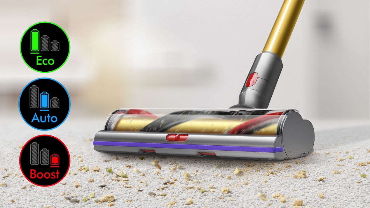 Cleaner head on carpet with image of screen showing three power modes