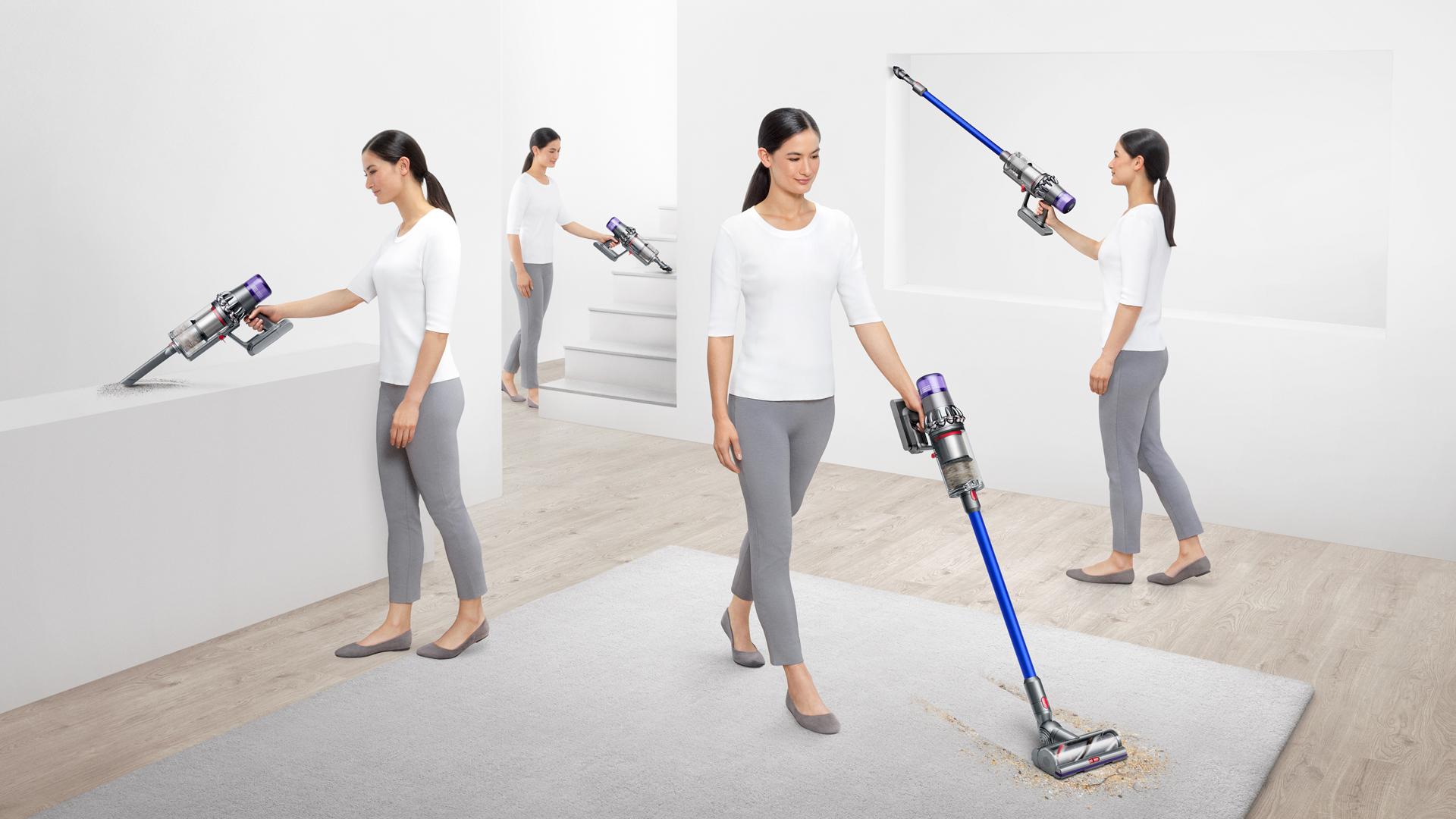 Woman vacuuming in different places around a home