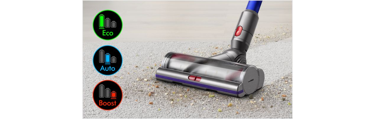 Spazzola su tappeto con immagine dello schermo che mostra tre modalità di potenza