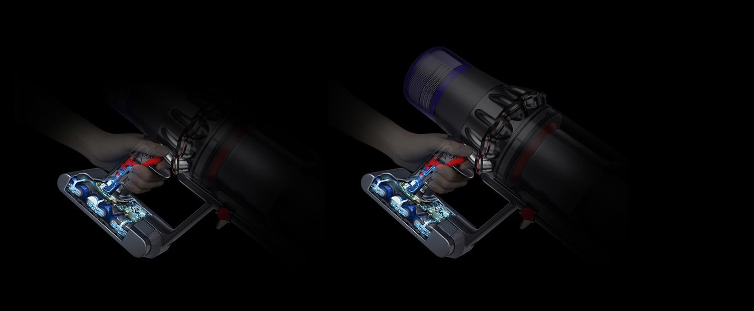Vue éclatée de la gâchette et de la batterie de l’aspirateur Dyson V11™