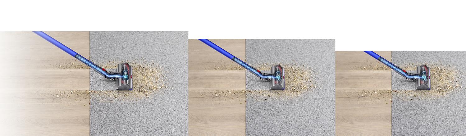Dyson V11™ støvsugerhoved bevæger sig fra hårdt gulv til gulvtæppe