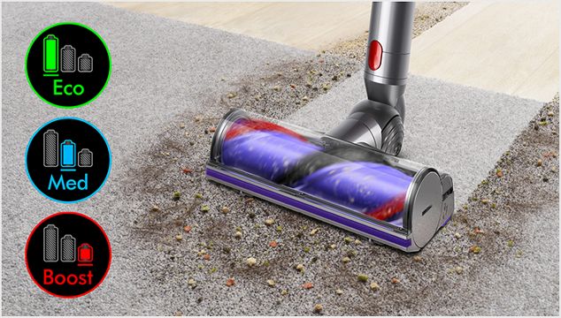 Bodendüse auf Teppichboden und Abbildung des Dyson V11ᵀᴹ Displays