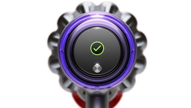 Dyson V11™ cordless vacuum cleaner LCD screen showing tick symbol