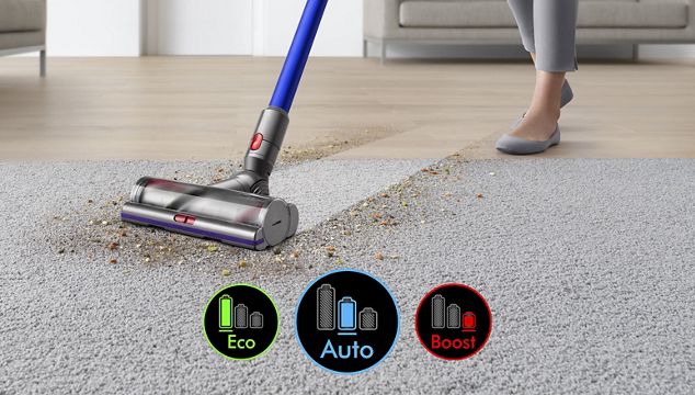 Cordless Vacuum Cleaner head on carpet with image of screen showing three power modes