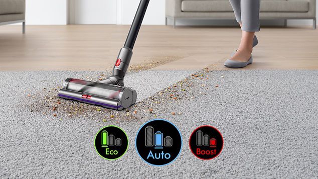 Cleaner head on carpet with image of screen showing three power modes