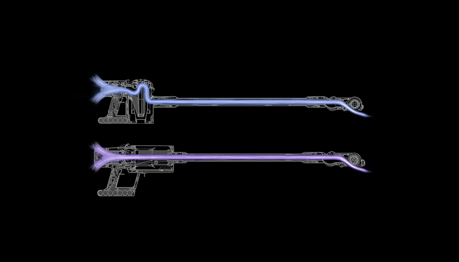 Diagram showing straight-line airflow though a Dyson V11™ vacuum and airflow through a Dyson V8 vacuum