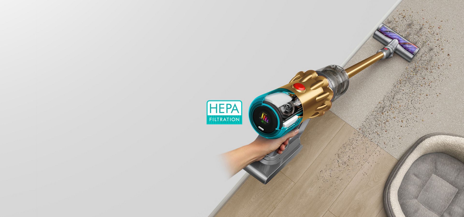 Dyson V12 Detect Slim Absolute cleaning debris from a hard floor.