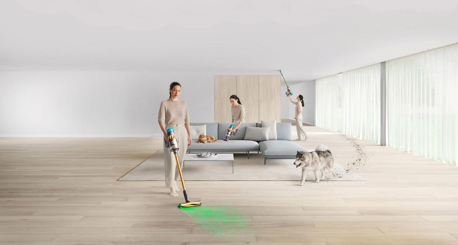 Dyson V15 vacuum cleaning in various places around the home