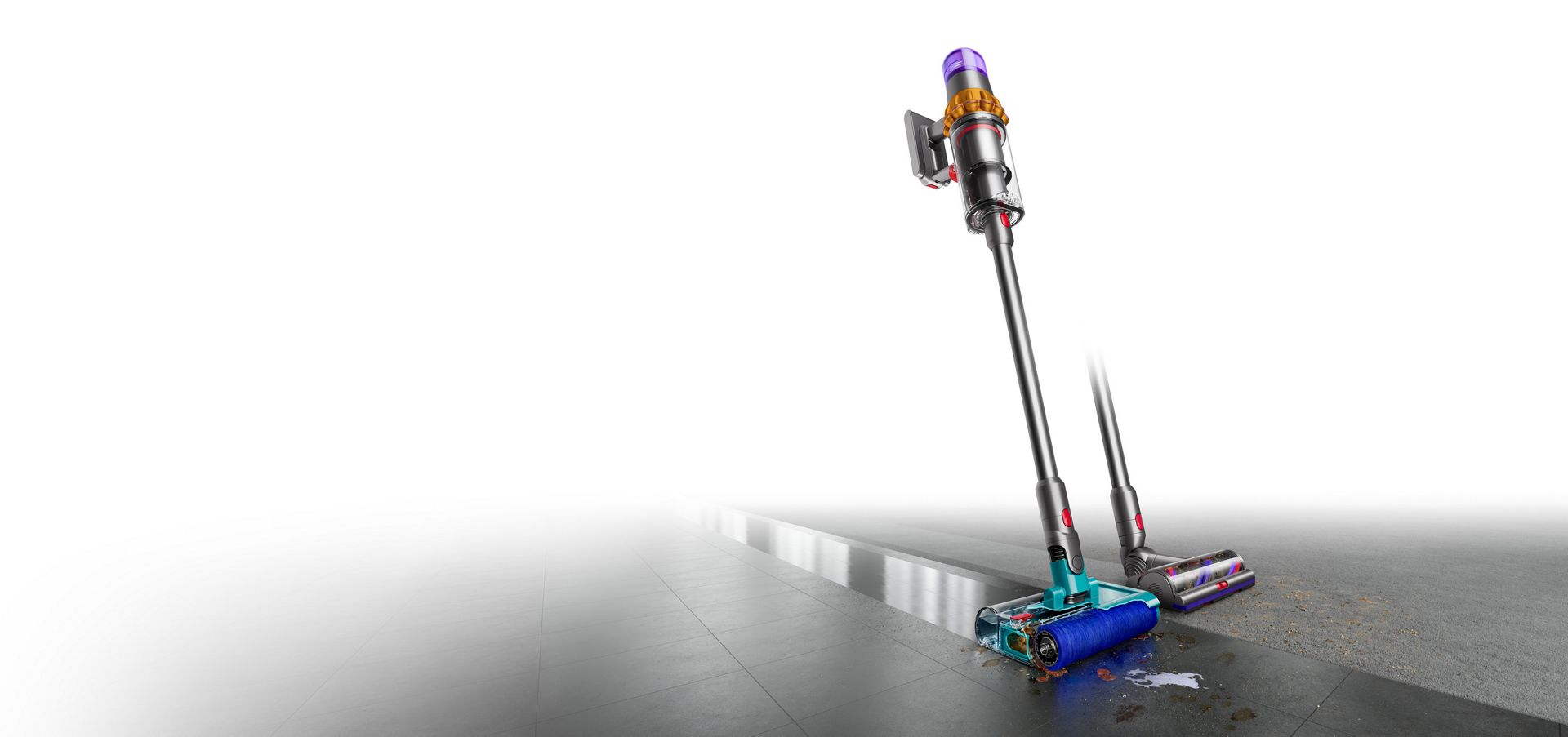 Dyson V15s Detect Submarine with wet roller head washes hard floor. Second cleaner head sits behind it.