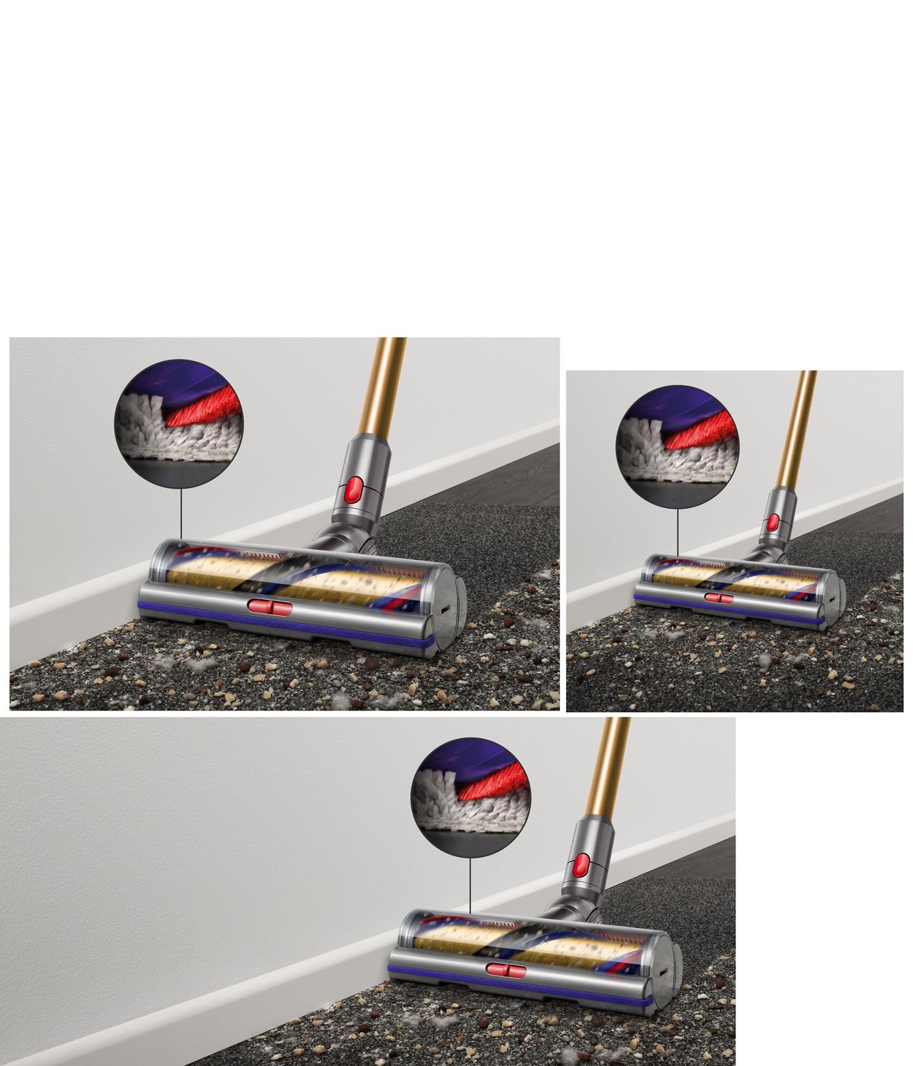 Digital Motorbar cleaner head leaves behind clean streak along a beige carpet littered in dirt and debris. Digital Motorbar cleaner head leaves behind it a clean streak along a beige carpet littered in dirt and debris.