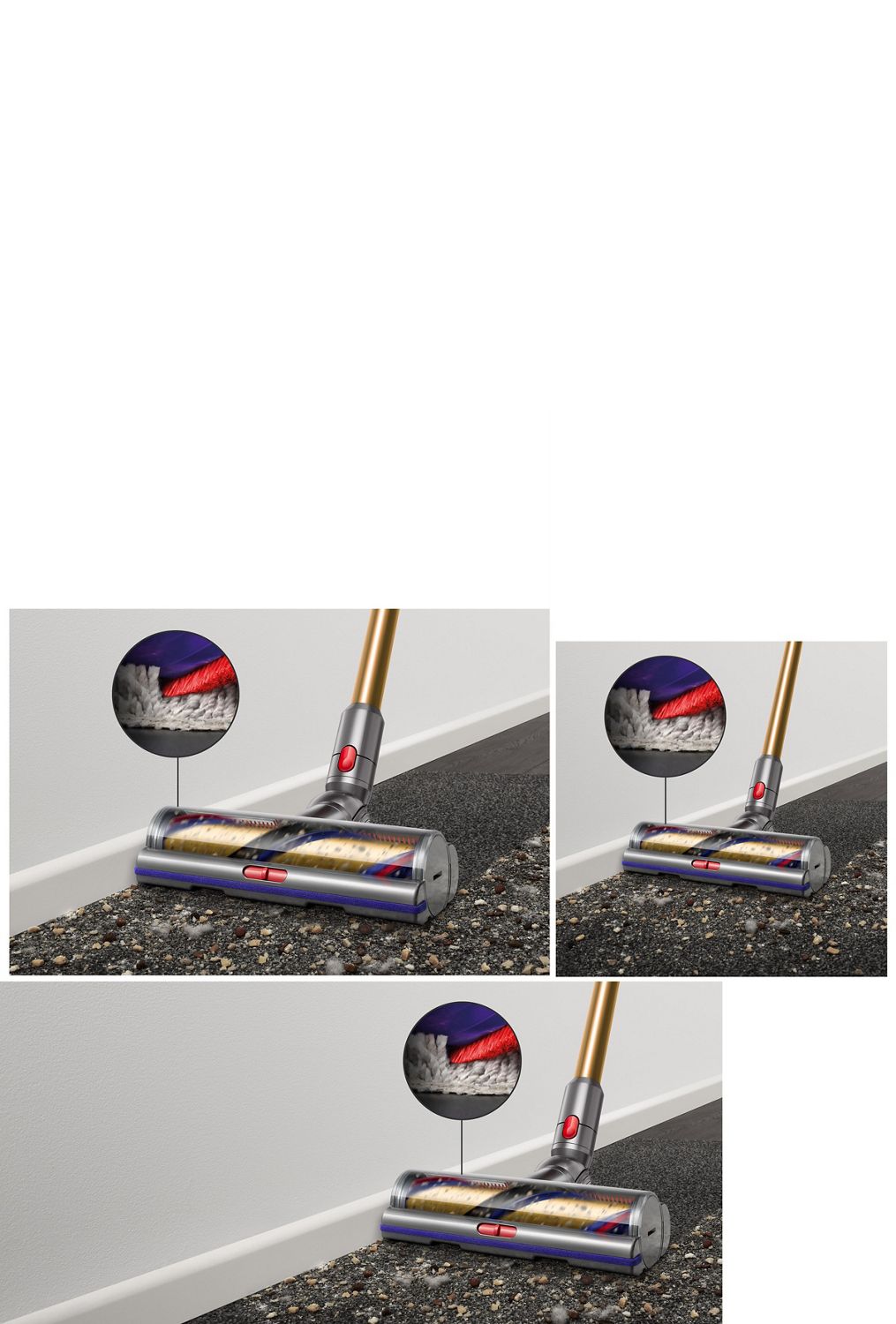 Digital Motorbar cleaner head leaves behind it a clean streak along a beige carpet littered in dirt and debris.