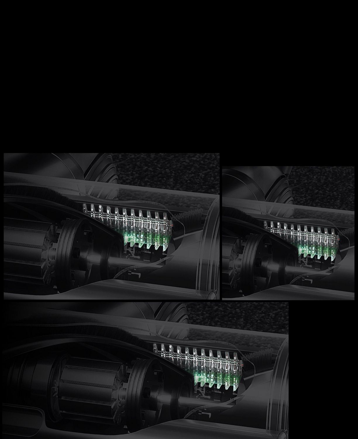 Extreme cutaway closeup of the Digital Motorbar cleaner head comb.