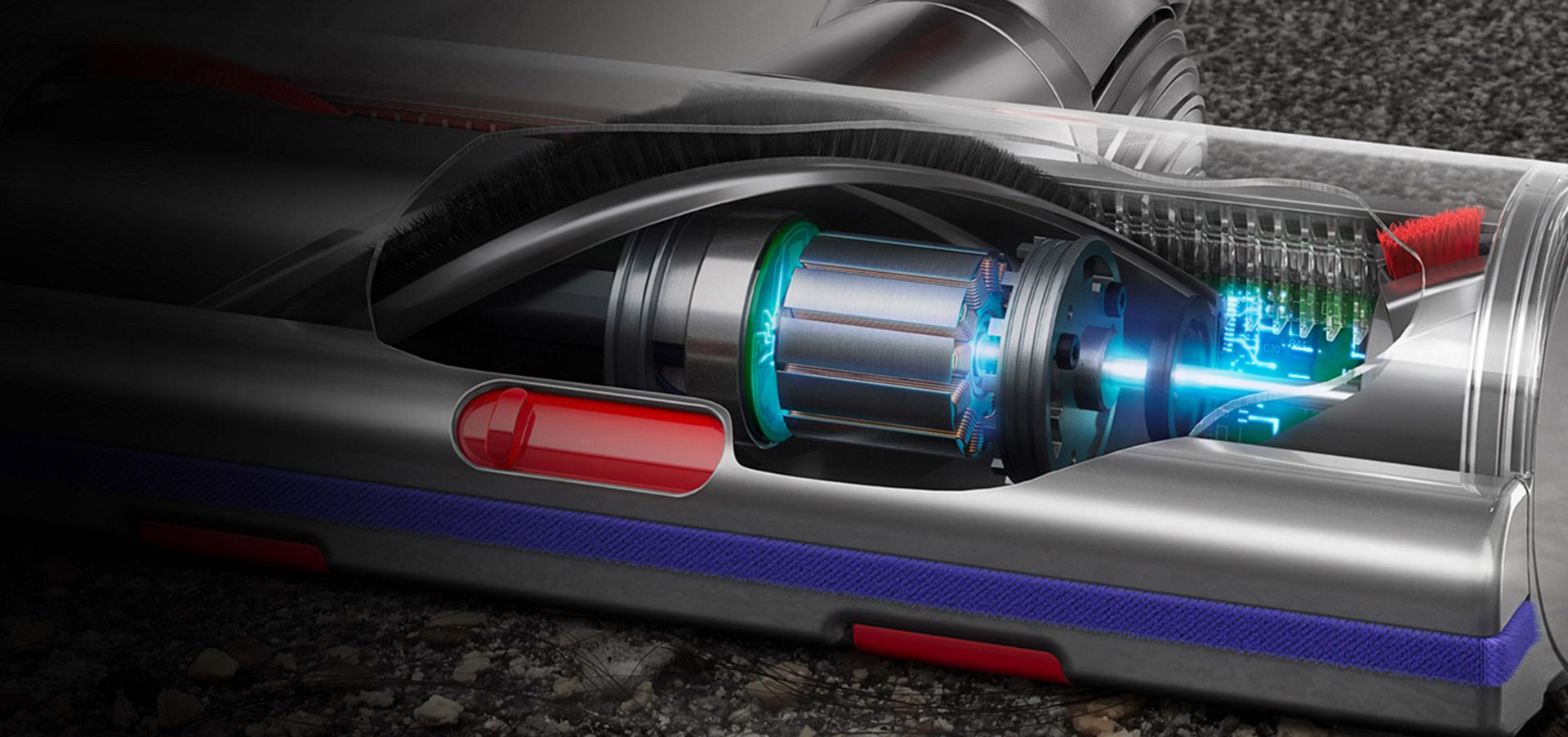 Cutaway closeup of the Digital Motorbar cleaner head showing light transmitting through a motor onto a sensor.