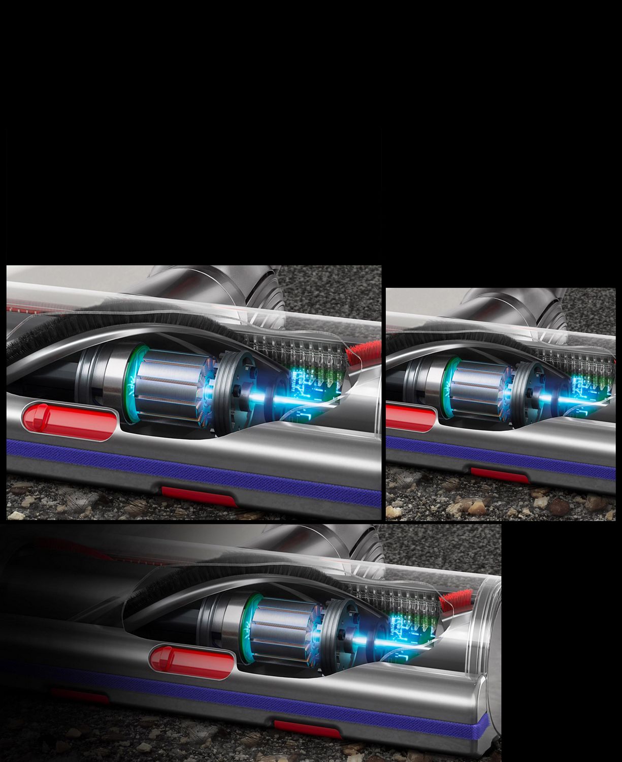 Cutaway closeup of the Digital Motorbar cleaner head showing light transmitting through a motor onto a sensor.