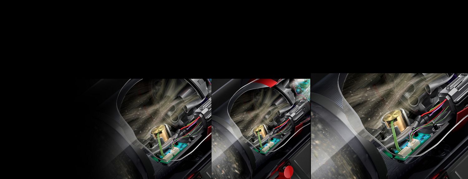 A cutaway of the side of a Dyson V15s showing debris being filtered through the machine across a sensor.