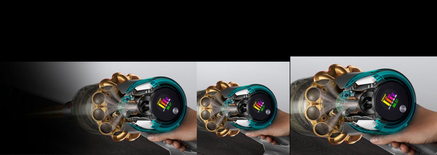 A cutaway of the side of a Dyson V15s showing debris being filtered with the LCD user screen displaying the run time and particle counts.