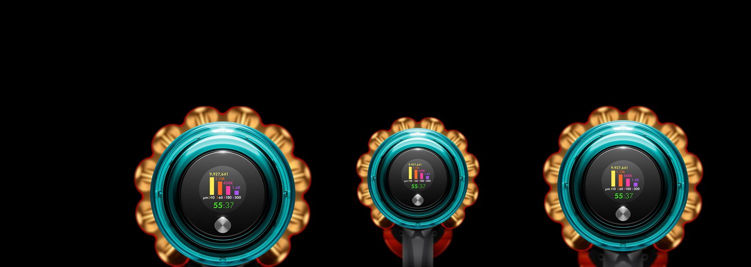 Top view of the Dyson V15s Detect Submarine showing the Selection button and LCD user screen displaying the run time and particle counts.