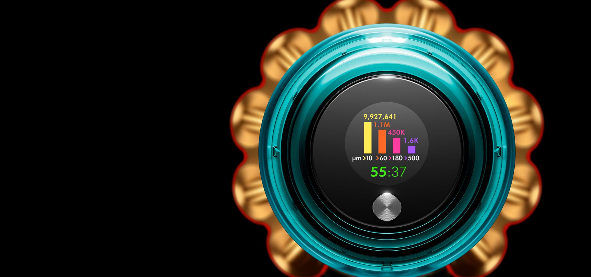 Top view of the Dyson V15s Detect Submarine showing the Selection button and LCD user screen displaying the run time and particle counts.