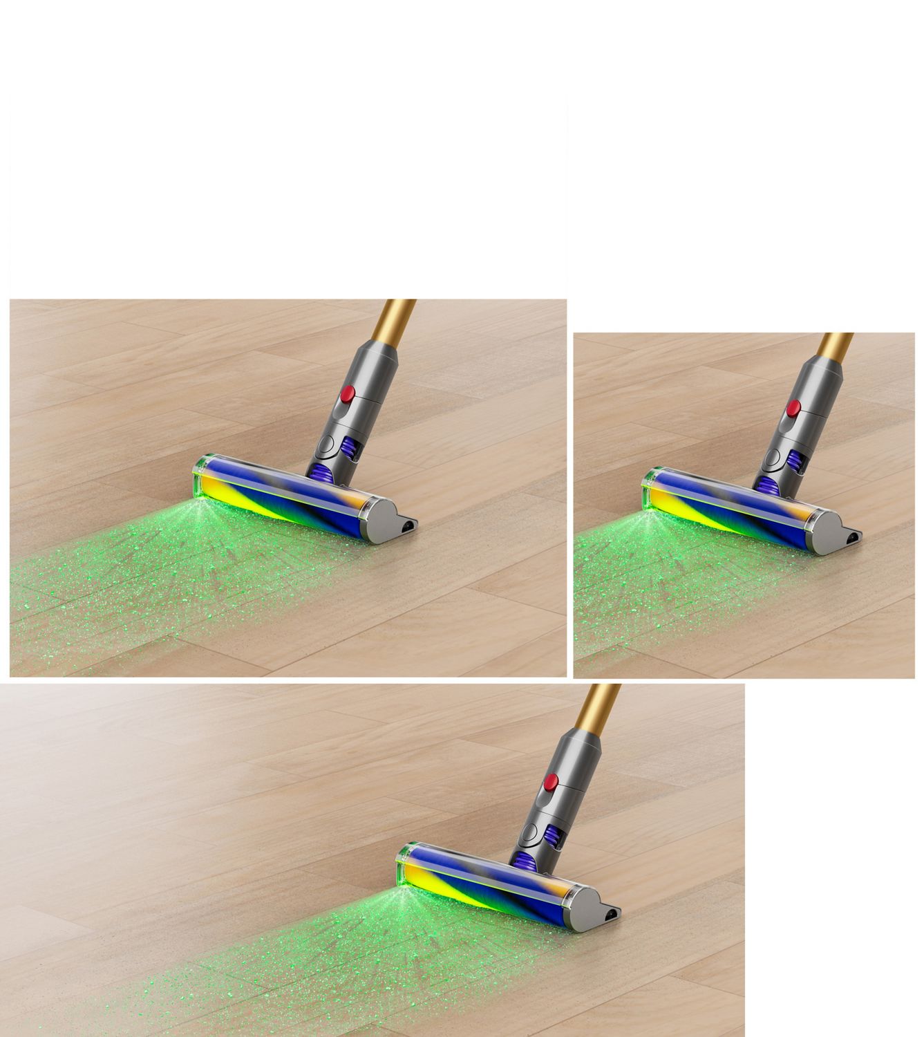 Green light emitting from the Fluffy Optic cleaner head on a laminate floor.