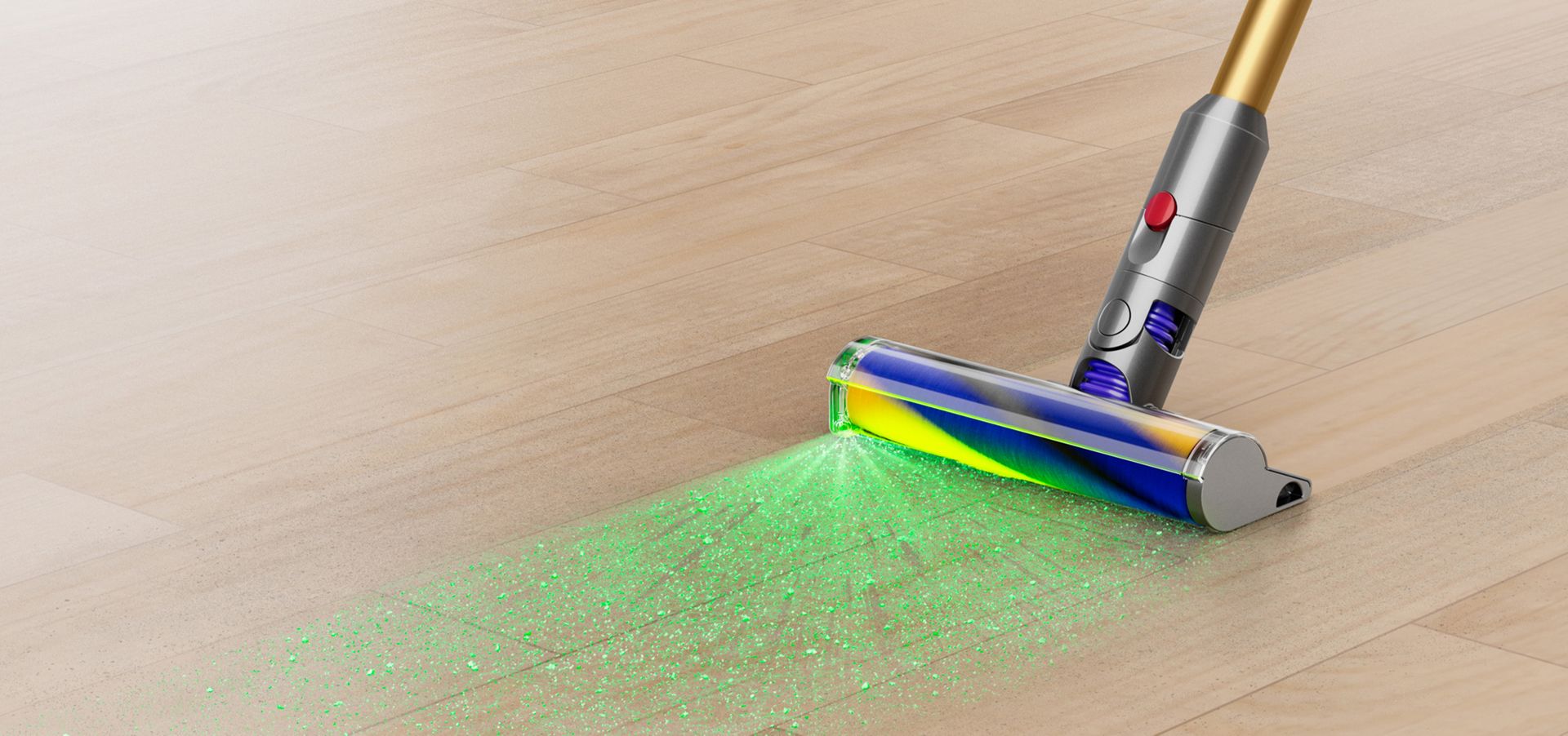 Green light emitting from the Fluffy Optic cleaner head on a laminate floor.