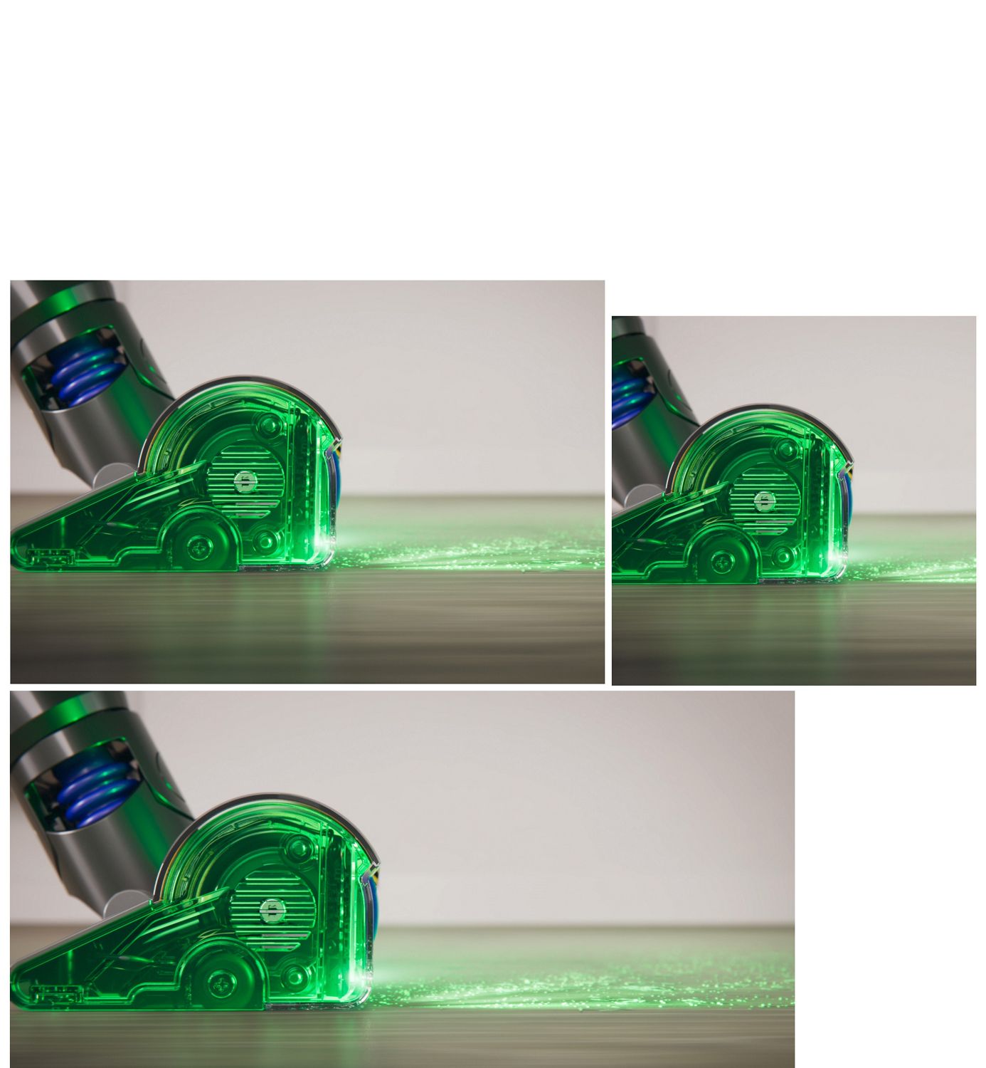 Extreme closeup of the brush bar as it rotates and the carbon fibre filament scoops up dust from a groove on a hard floor.