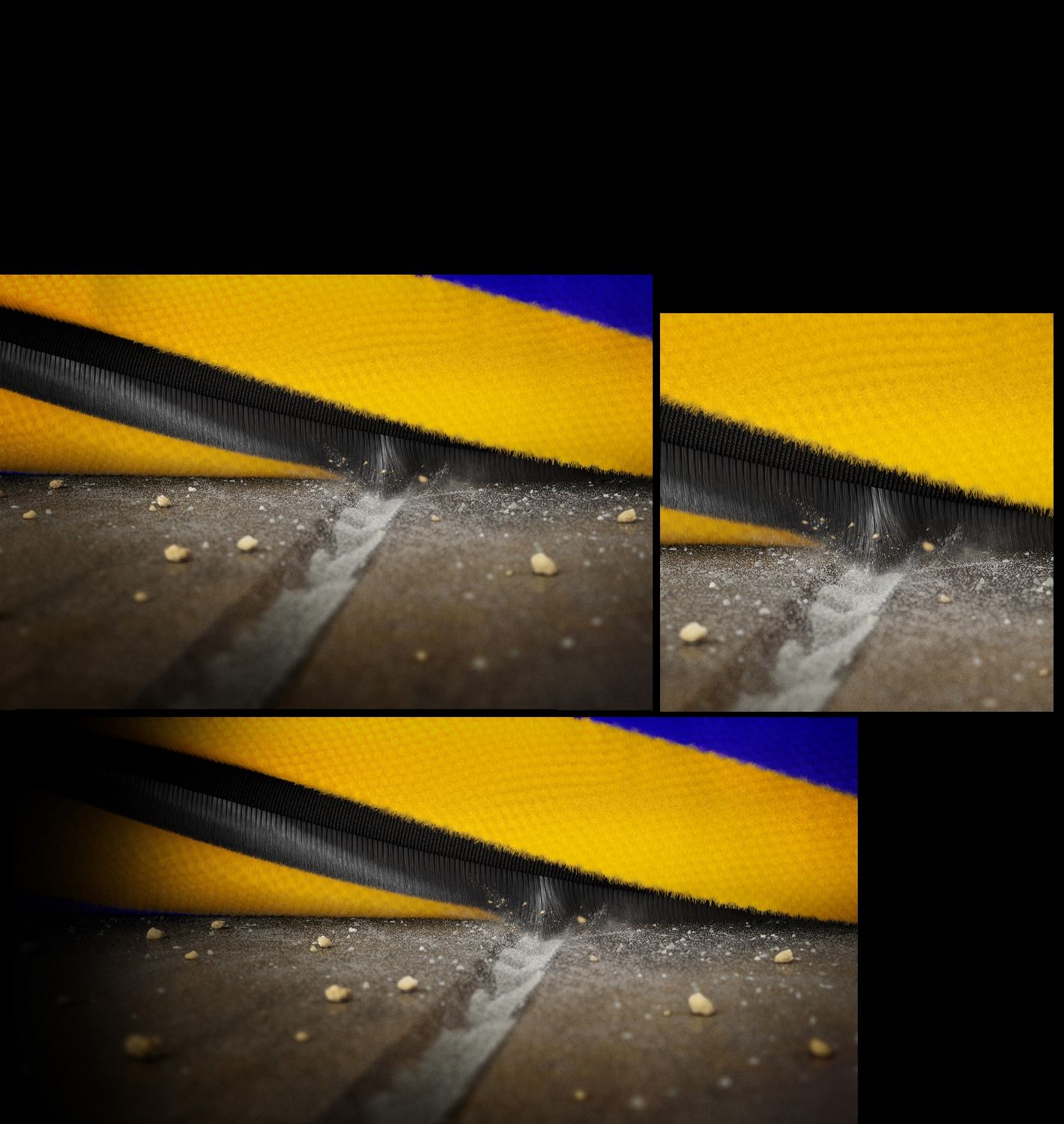   Extreme closeup of the brush bar as it rotates and the carbon fibre filament scoops up dust from a groove on a hard floor.