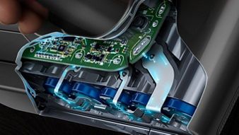 Battery pack cut away to reveal the cells and PCB inside.