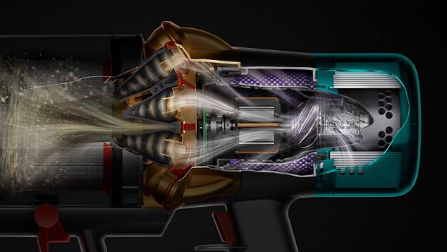 Vue en coupe du côté d’un Dyson V15s Detect Submarine montrant les débris filtrés dans l’appareil.